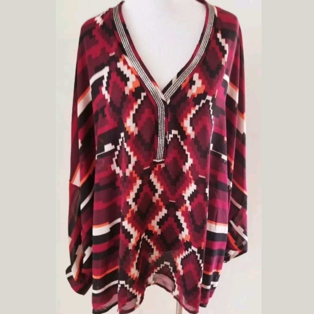LANE BRYANT AZTEC KIMONO BEADED TOP BLOUSE SZ 3X
